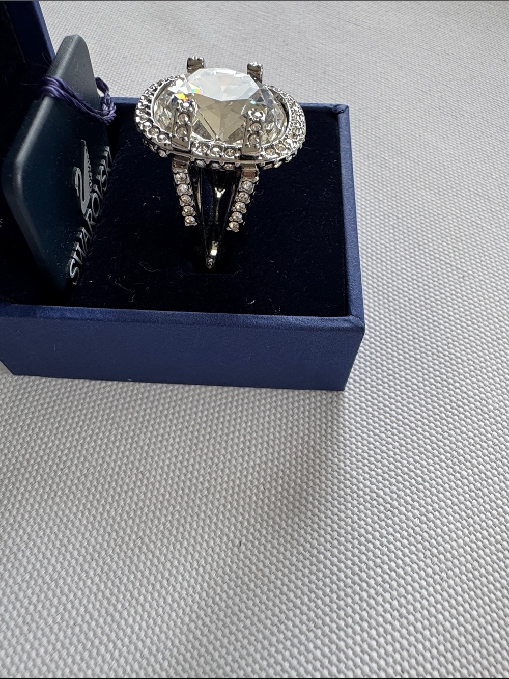 Swarovski Clear Crystal Cushion Cocktail Ring in Silver Tone - Picture 2 of 6